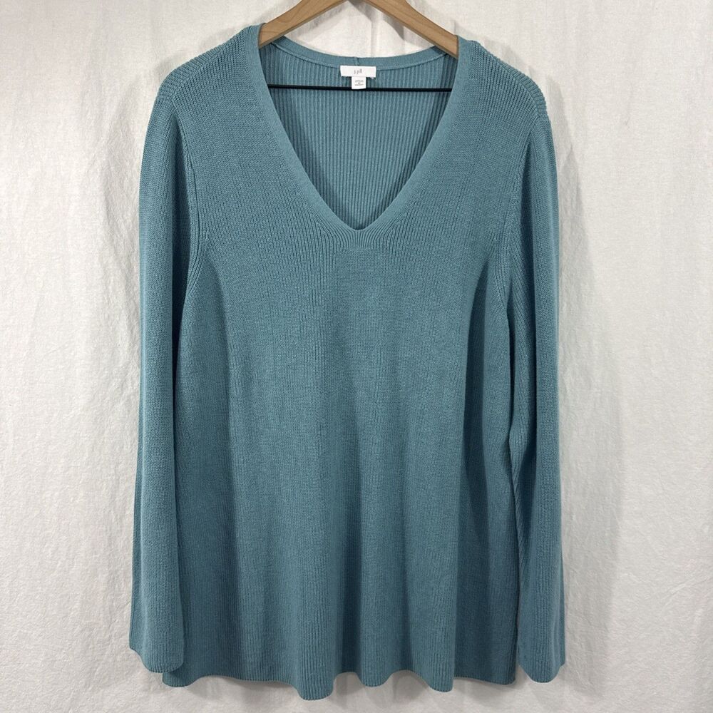J Jill Blue Vneck Rib Knit Cotton Blend Sweater Womens Sz 2X Coastal Fall